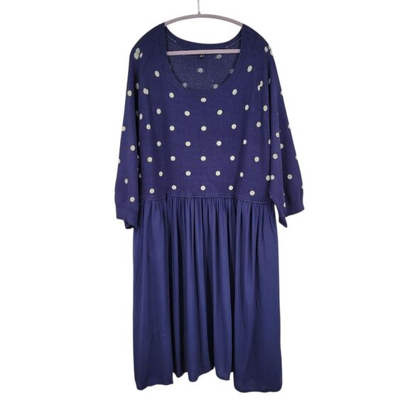 Torrid Mini Challis Skater Gold Polka Dot Navy Blue Sweater Dress Preppy Fall - Picture 2 of 16
